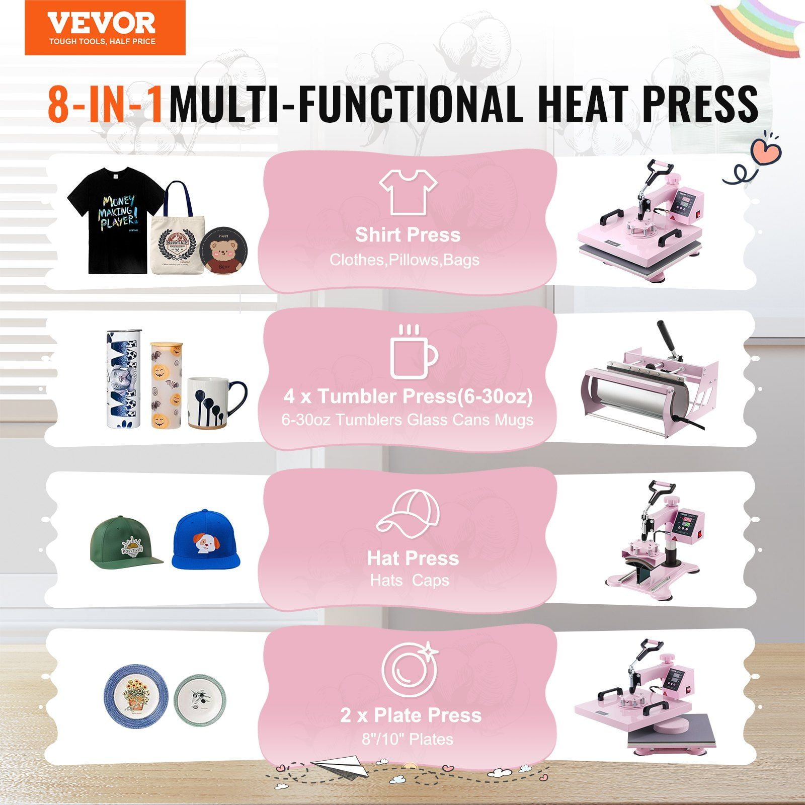 15x15 Inch 8-in-1 Heat Press Machine with 30oz Tumbler Press for T-Shirts, Pink – Digital Transfer & Sublimation