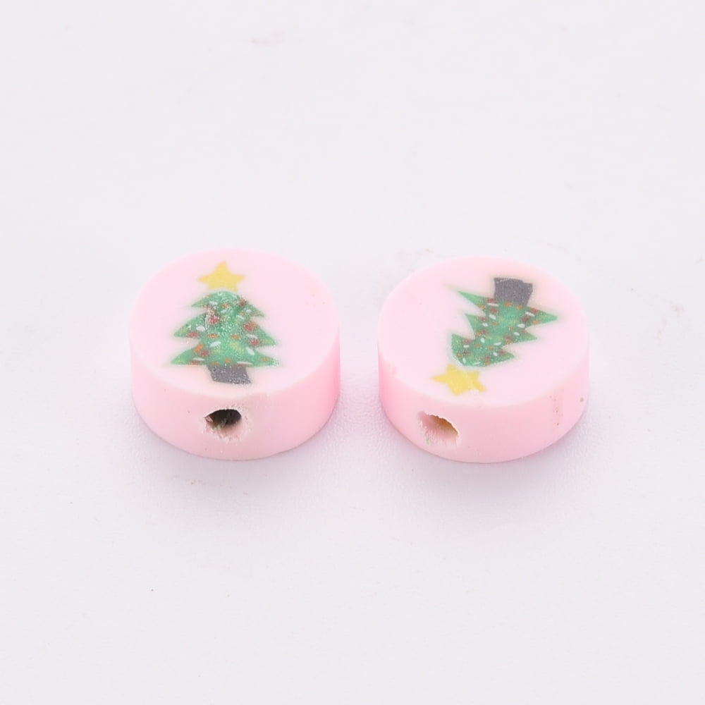 Handmade Polymer Clay Beads Flat Round with Christmas Tree Pink 10x4mm Hole: 1.6mm