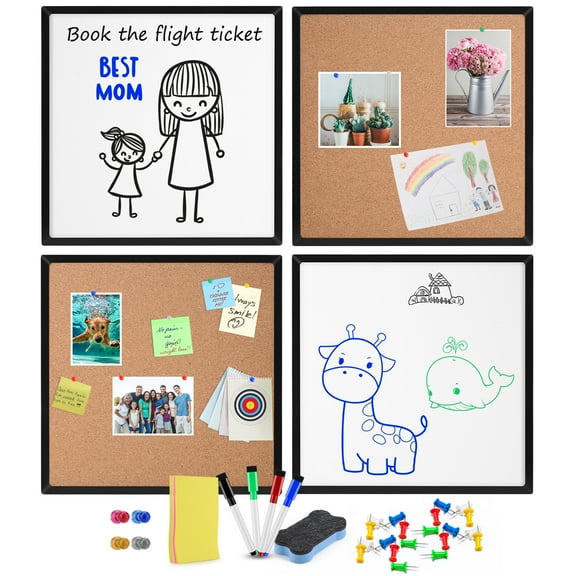 Cork Bulletin Board and Dry Erase White Board for Wall, 4-Pack, 12" X 12" Square Tiles with Black Aluminum Frame