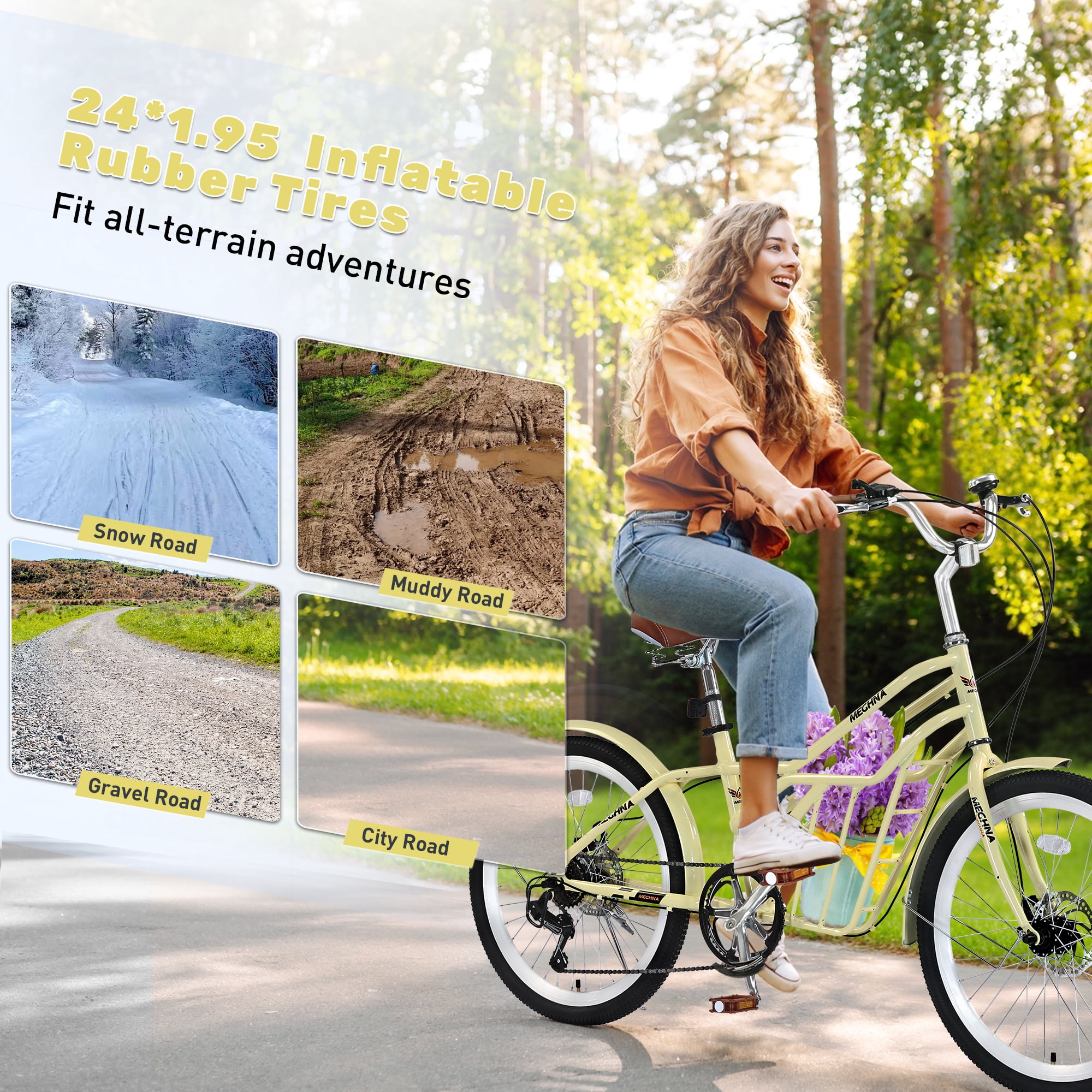 Aukfa 24" Cruiser Bike for Women Girls Ladies,Commuter Bike Shimano 6 Speed Bicycle Hybrid Bikes,Yellow