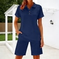 thumbnail image 2 of Arlun 2 Piece Short Sets for Women Summer V-Neck Button up Short Sleeve Polo Shirts Matching Straight Leg Shorts with Pocket Casual Workout and Daily Wear Two Piece Fashion Outfit Blue L, 2 of 5
