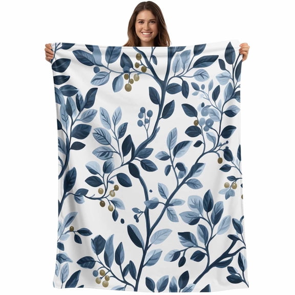 Navy Blue Botanical Blanket Soft Cozy Warm Twin Blanket for Bed, Plush Fuzzy Flannel Fleece Blankets for Sofa, Summer Spring Leaves Throw Blankets for Couch, Lightweight Gifts for Women, 60"x80"