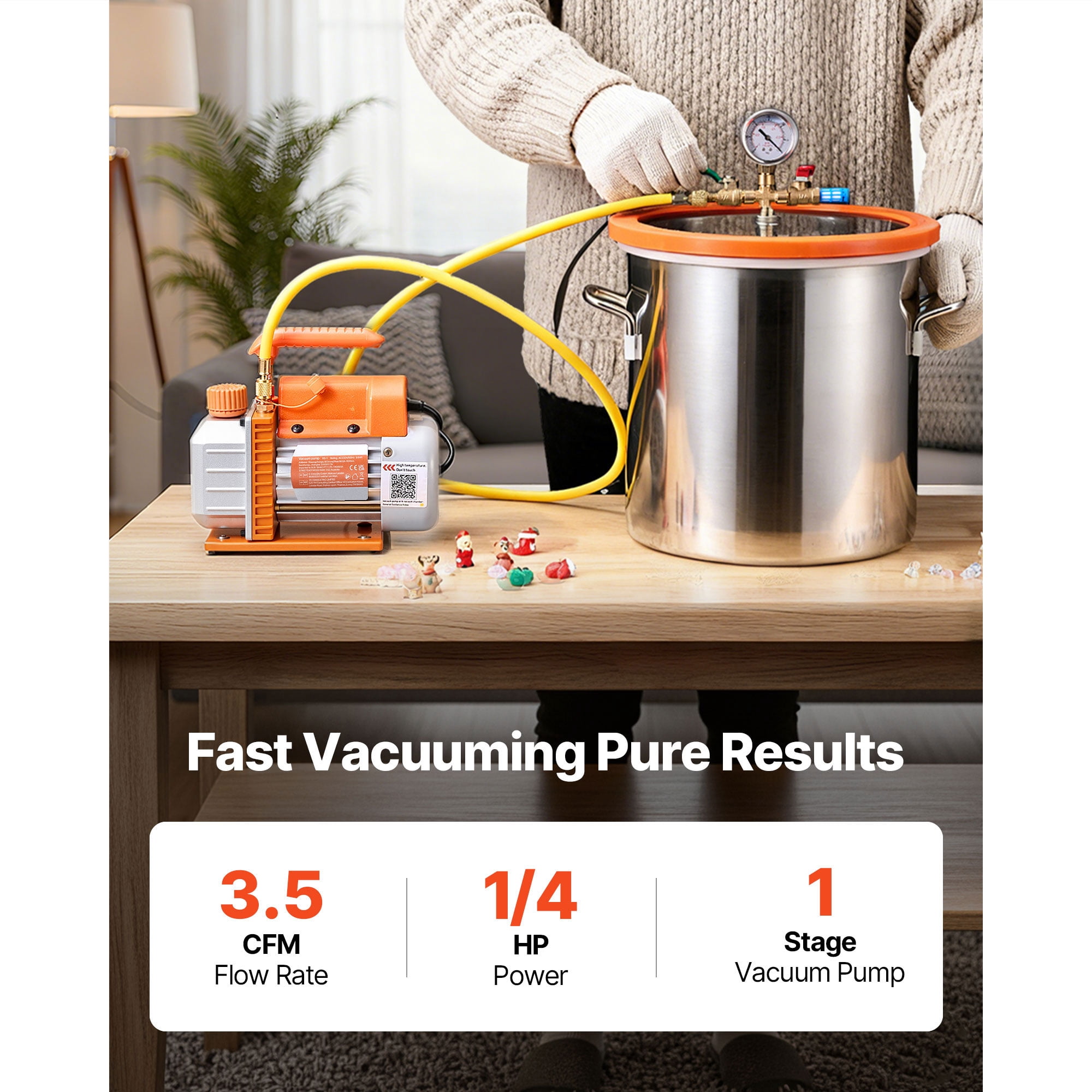 KFFKFF 5 Gallon Vacuum Chamber Kit with Pump, 3.5 CFM Single Stage Vacuum Pump, Stainless Steel Chamber with Tempered Glass Lid, 5 ft Hose, Ideal for Wood Stabilization and Silicone Resin Degassing