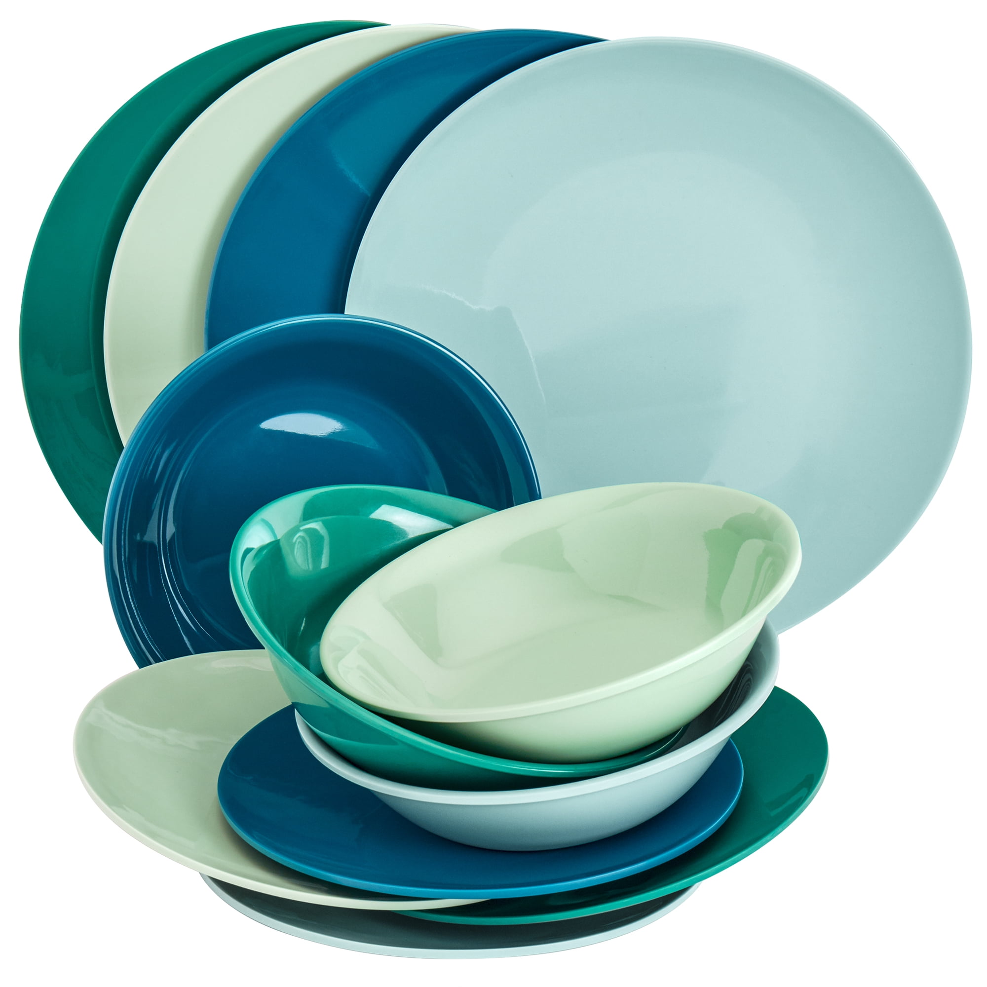 Tabletops Gallery 12 Piece Green Teal Blue Melamine Dinnerware Set Plates Bowls for Indoor/Outdoor Use, Service for 4, Peacock