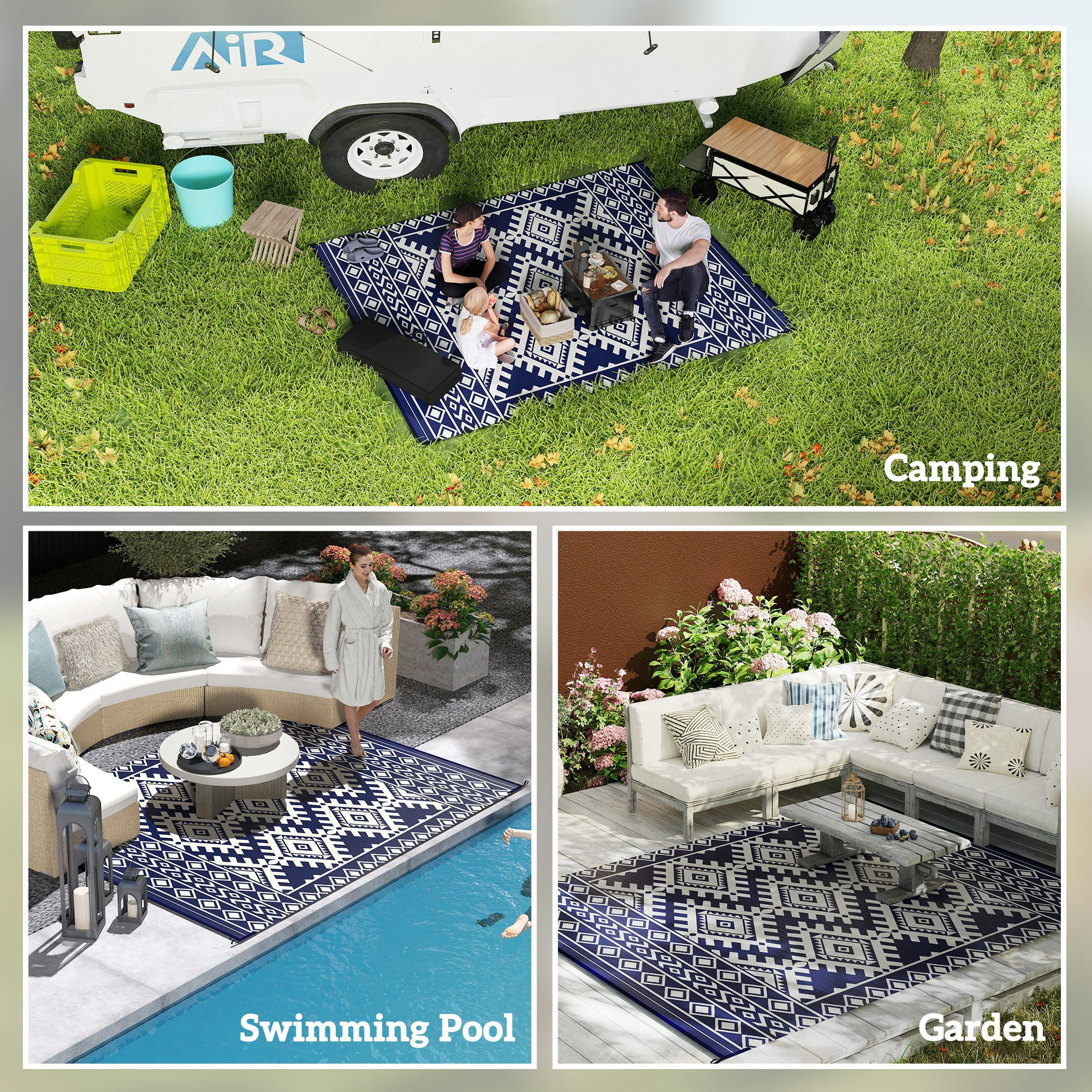 Outsunny Outdoor Patio Rug, Large Camping Carpet with Carrying Bag, 8' x 10' Waterproof Plastic Straw, Reversible, Blue & White Rhombus Border