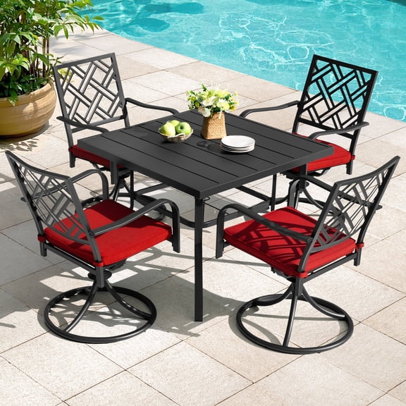 Nuu Garden 5-Piece Metal Patio Dining Set with Umbrella Hole and Removable Cushions, 1 Square Outdoor Dining Table and 4 Swivel Patio Dining Chairs, Powder-Coated Patio Furniture Set, Black and Red