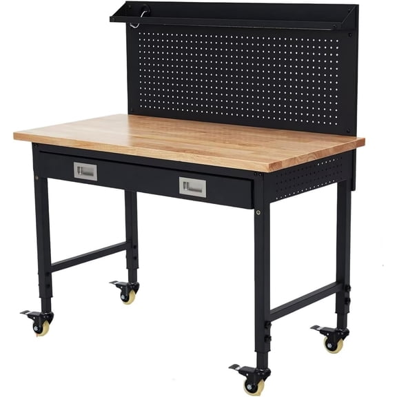 EastVita 48x24 Inch Adjustable Rolling Workbench Heavy Duty Work Bench with Power Outlets Lights Storage Drawer Pedboard 30 Hooks Wooden Tool Bench for Garage Workshop