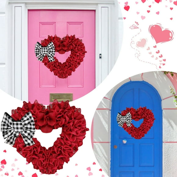 Noehoiugi Valentines Day Wreath, 18 Inch Burlap Heart Shaped Door Wreath With Buffalo Plaid Bows, Valentines Wreaths For Front Door Farmhouse Valentine'S Day Decorations