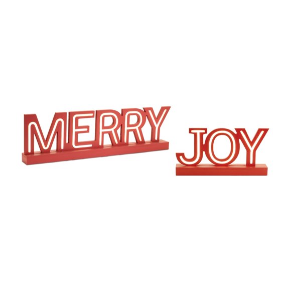 Melrose 94255DS 13.5 x 6.5 in., 24 x 6.5 in. MDF 2AA Batteries Not Included & USB Cord Included LED Joy & Merry, Red & White - Set of 2