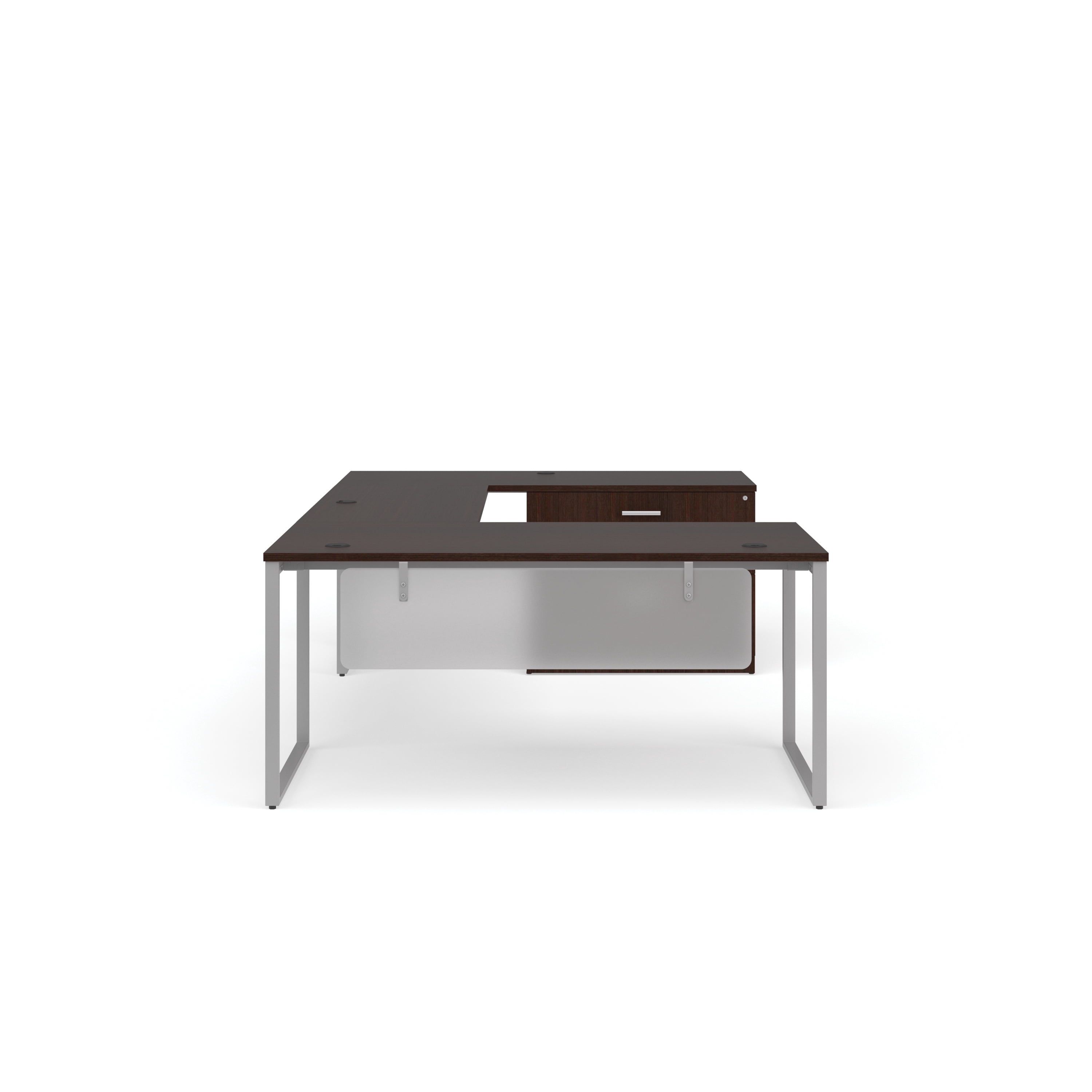 OFM Fulcrum Series Office Furniture Set, 66" U-Shaped Desk with Bridge, Credenza, Lateral Filing Cabinet, Modesty Panels, in Cherry