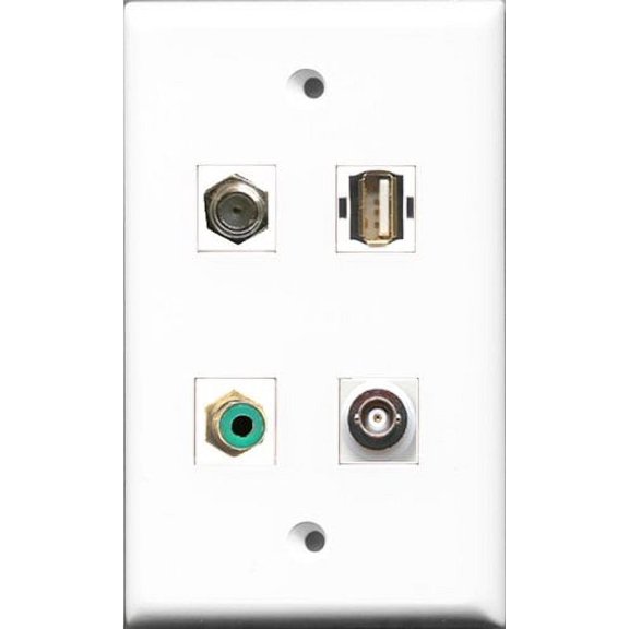 RiteAV 1 Port RCA Green and 1 Port Coax Cable TV- F-Type and 1 Port USB A-A and 1 Port BNC Wall Plate