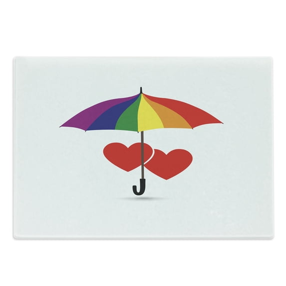 Pride Cutting Board, Heart Signs over Rainbow Umbrella Romantic LGBT Love Valentine's Day Couples, Decorative Tempered Glass Cutting and Serving Board, Large Size, Multicolor, by Ambesonne