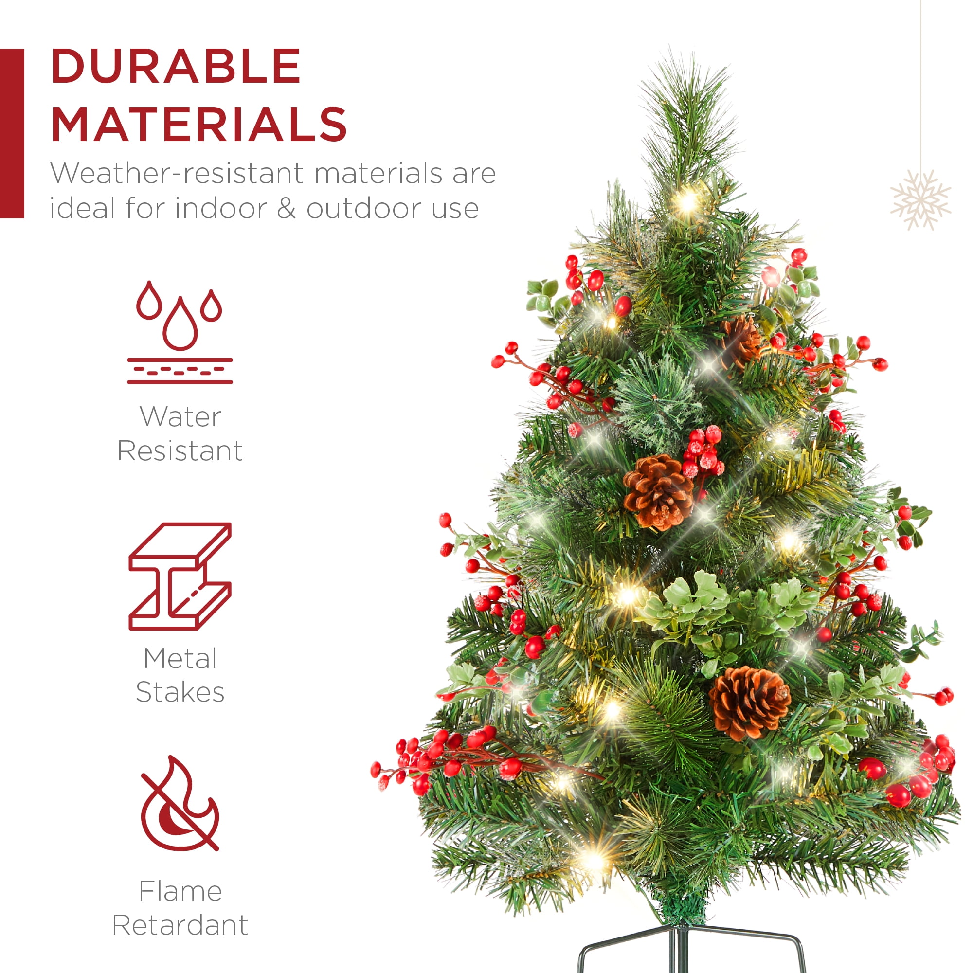 Best Choice Products Set of 2 24.5in Outdoor Pathway Christmas Trees Decor w/ LED Lights, Berries, Pine Cones, Ornaments