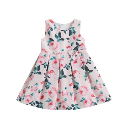 

Wallarenear Baby Girl Dress Rose Flower Print Casual A Line Pleated Tank Dresses
