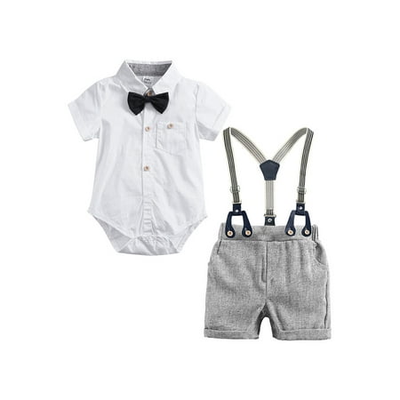 

Calsunbaby Kids Toddler Boys Clothes Sets Lapel Short Sleeve Single Breasted Romper with Bow Tie + Suspender Shorts Gray White 6-9 Months