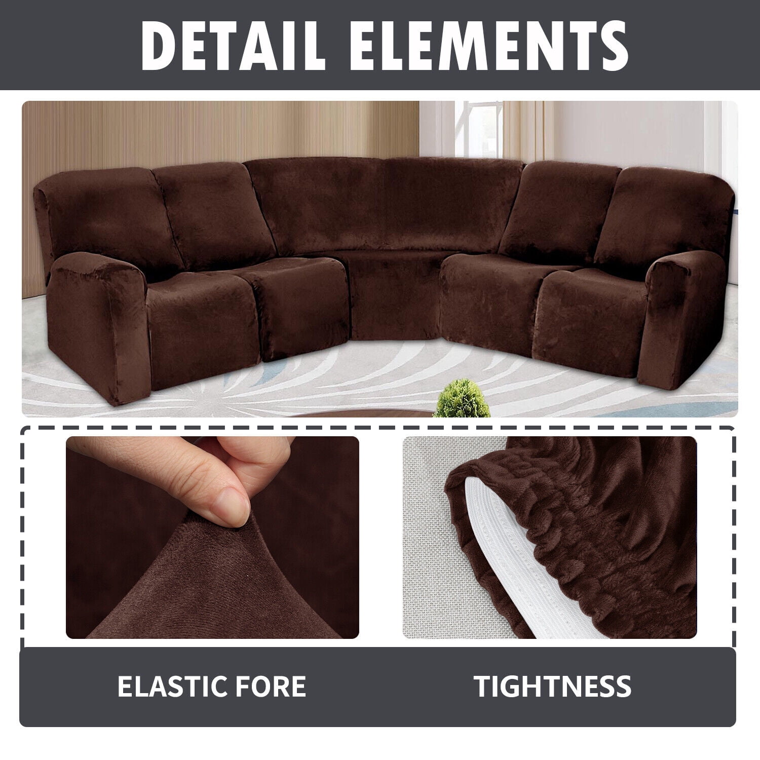 TOPCHANCES Velvet Recliner Sofa Covers, 5 Seat Corner Sofa Covers Stretch Furniture Protector Including 2 Arm Pieces, 4 Seat and Backrest Pieces and 1 Corner Piece, Brown
