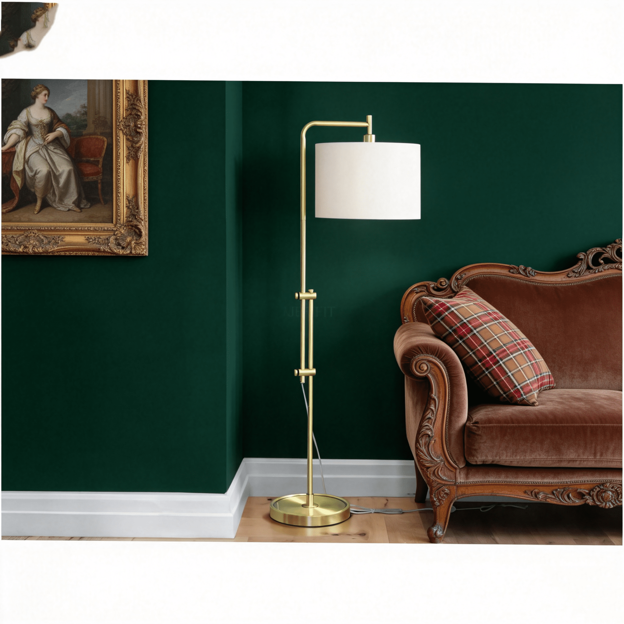 JERFIT Modern Arc Floor Lamp with Drum Shade, Gold Metal Standing Light for Living Room, Reading Nook, Bedroom or Office