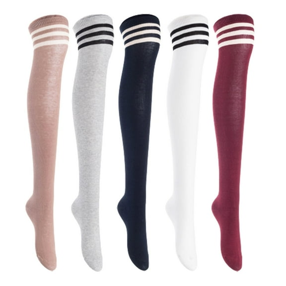 Lian LifeStyle Women's 5 Pairs Adorable Comfortable Soft Thigh High Over Knee High Cotton Socks, Size 6-9, JMYP1022 Khaki, LightGrey, Navy, White, Wine