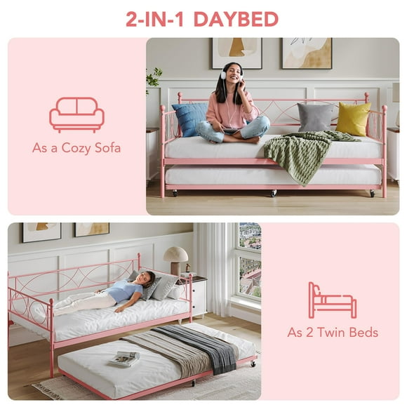 GloryStar Twin Daybed with Trundle, Metal Sofa Bed Frame with Arched Headboard and Steel Slat Support, Space-Saving Bed for Living Room or Bedroom