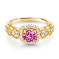 thumbnail image 2 of Gem Stone King 18K Yellow Gold Plated Silver Pink Created Sapphire and White Moissanite Engagement Ring for Women (1.38 Cttw, Round 6MM, Gemstone September Birthstone, Size 6), 2 of 3