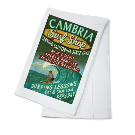 California Vintage Surf Sign - Cambria, California - Surf Shop Vintage Sign - Lantern Press Artwork (100% Cotton Kitchen Towel)
