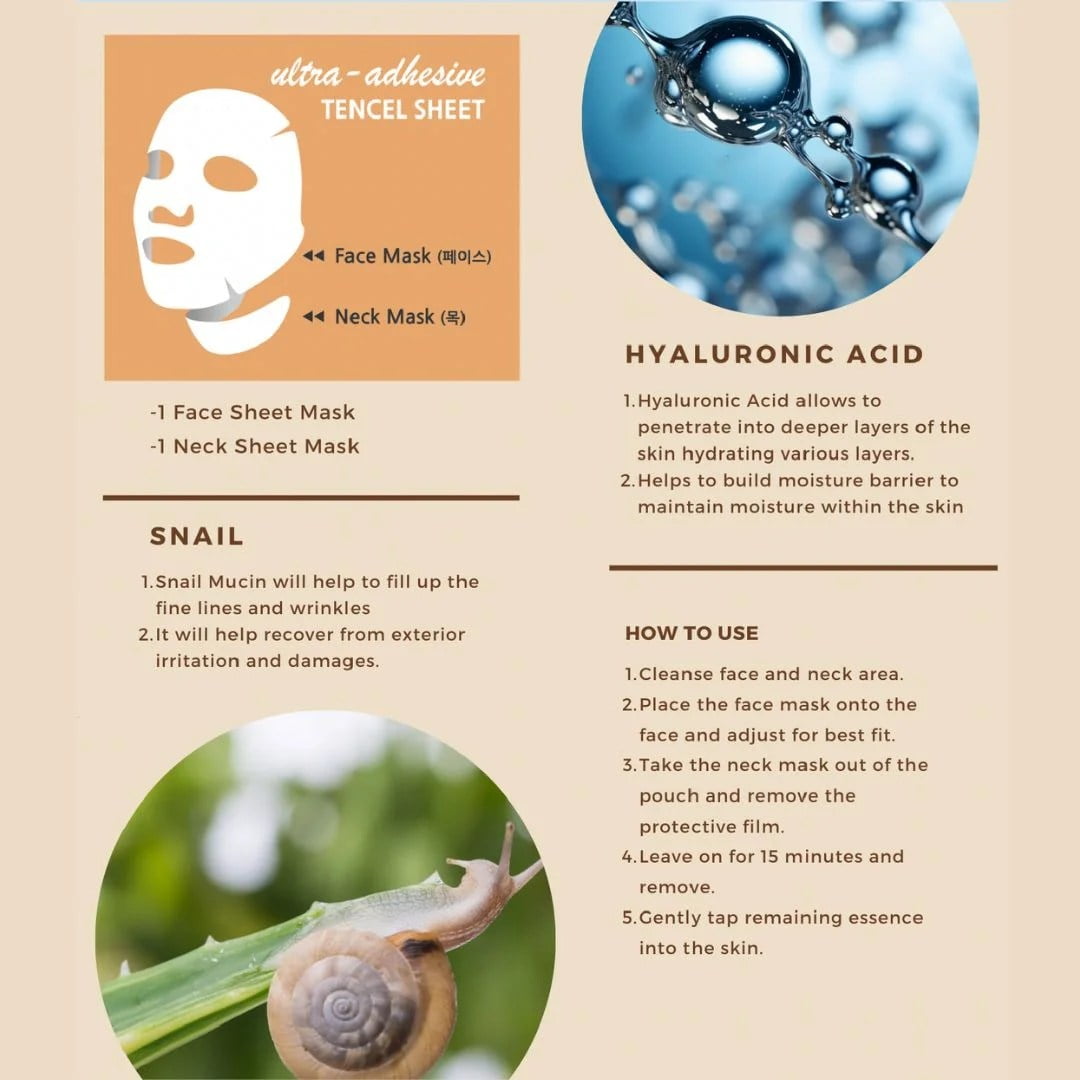 10pc Set MEDI FOR DEAR Snail and Hyaluronic Acid Face and Neck Mask | Korean Beauty Sheet Mask | Hydrating & Repairing