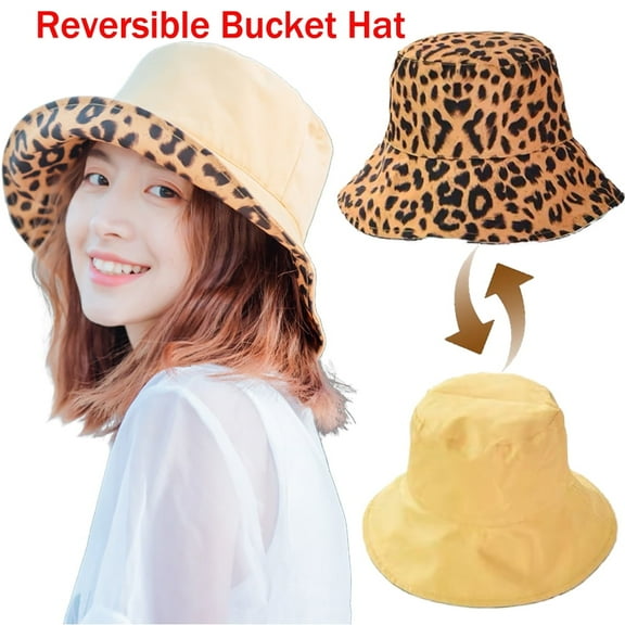 Reversible Beach Bucket Summer Hat Women Wide Brim UPF50  Travel Fisherman Sun UV Protection Leopard Print Packable Cap
