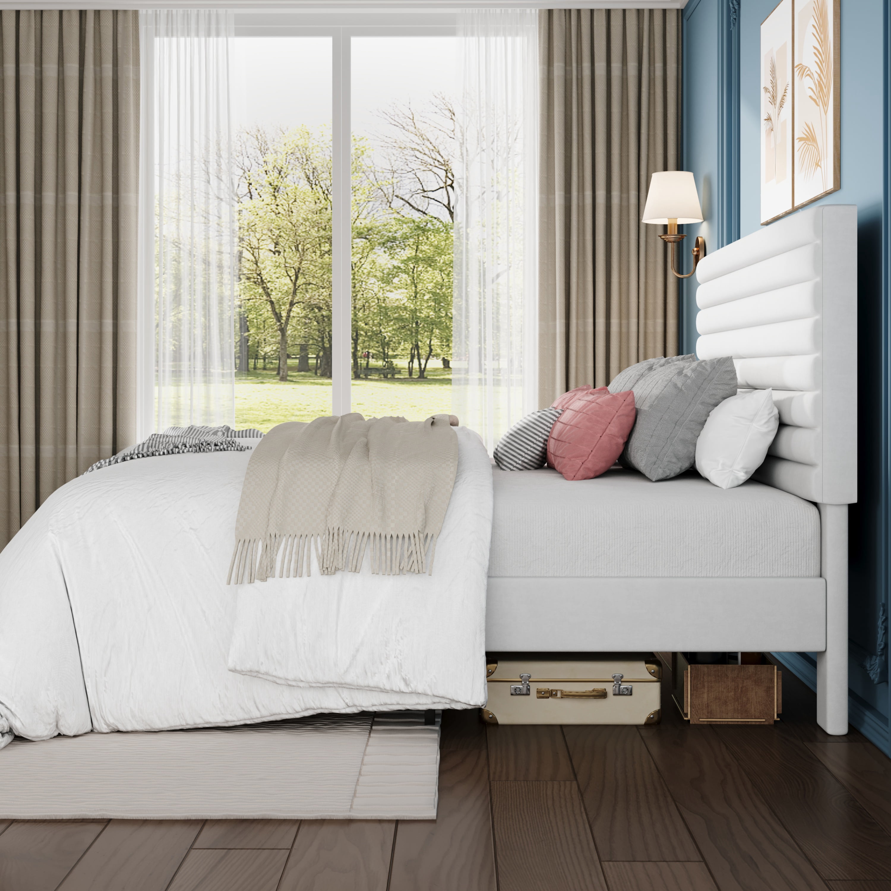 Sha Cerlin Queen Size Platform Bed Frame with Velvet Adjustable Headboard, No Box Spring Needed, White