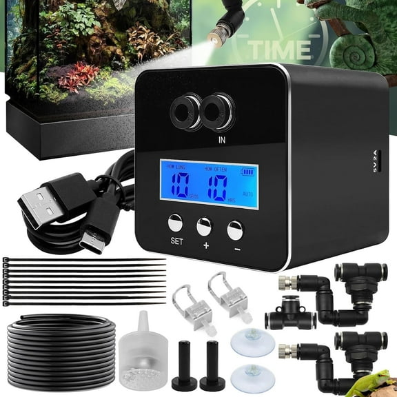 Hinzonek Automatic Reptile Humidifier Misting System, Reptile Smart Mister Spray, with Timer, 360°Adjustable Nozzles, for Chameleon, Snakes, Frogs, Plants, Amphibian