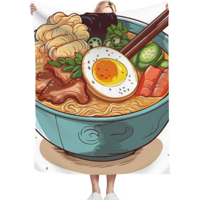 Couverture Jetée Ramen Gastronomique Dessinée à la Main pour Canapé Lit Douce Mignonne en Molleton Duveteux Printemps Été Couvertures Jetées Confortables pour Salon Couverture Jetée pour Chaise