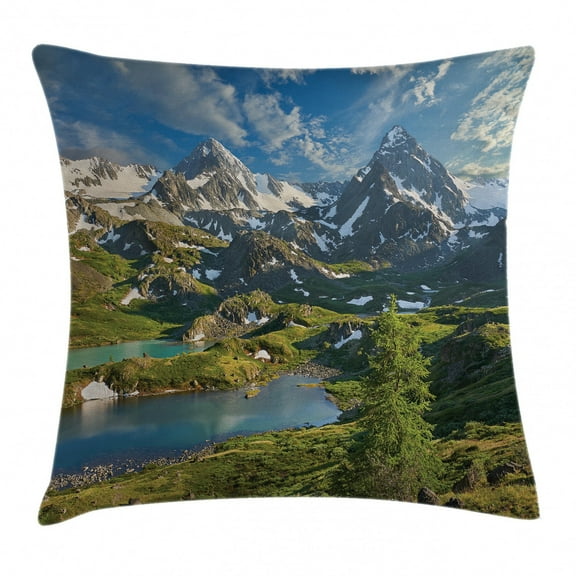 Farmhouse Decor Throw Pillow Cushion Cover, Lake Between Snowy Altai Range of Mountains Siberia Meadow in Nature Artwork, Decorative Square Accent Pillow Case, 18 X 18 Inches, Multi, by Ambesonne