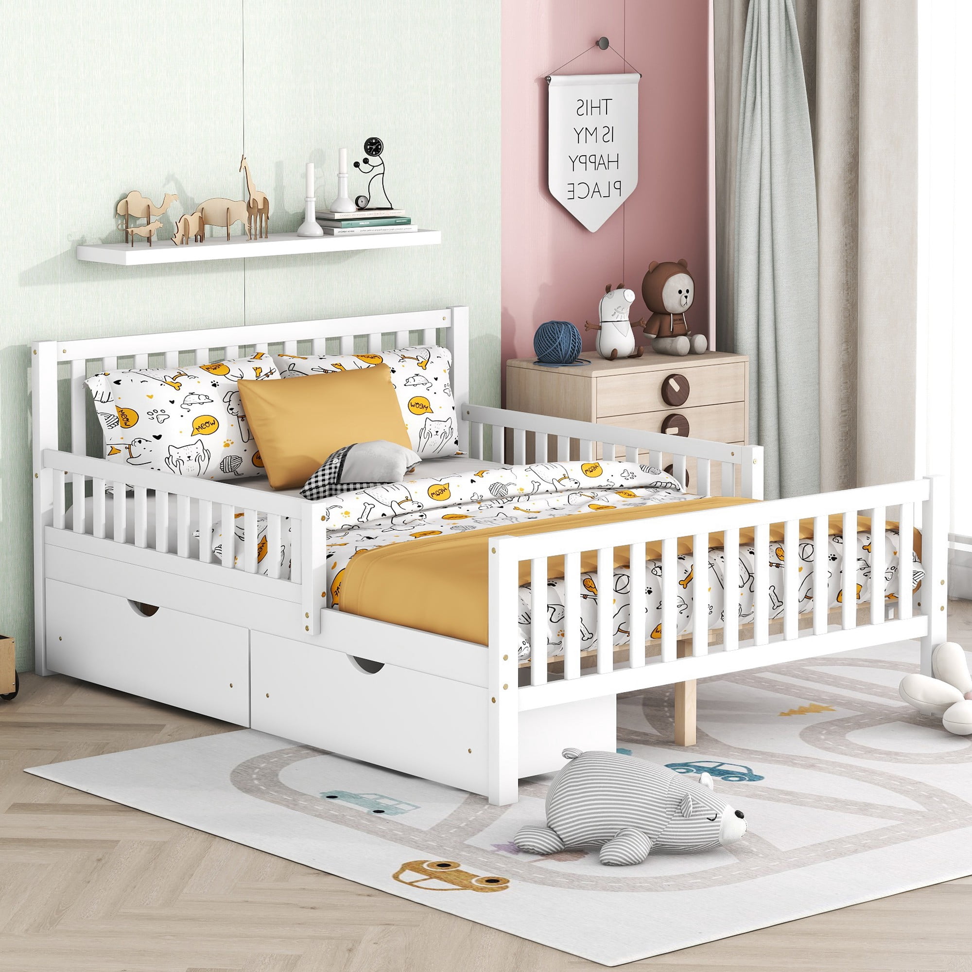 Aukfa Full Size Platform Bed with Storage Drawers and Safe Rails, Wood Bed Frame, White