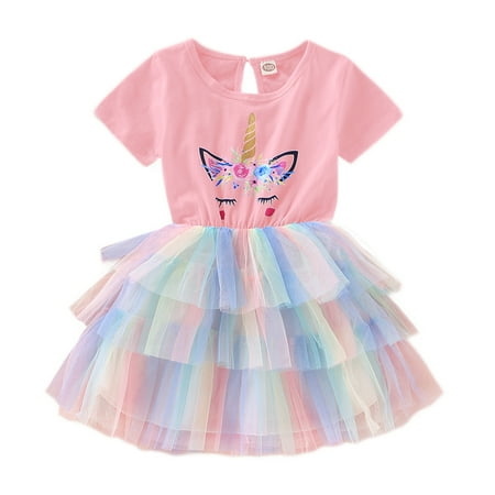 

Baby Girls Dress 6 Months Baby Girls 1PCS Summer Dress 9 Months Baby Girls Short Sleeve Unicorn Print Rainbow Embroidered Dress Pink