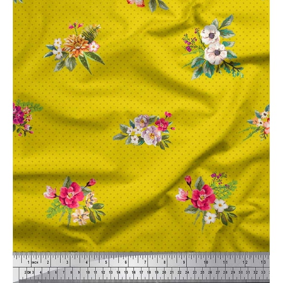 Soimoi Yellow Cotton Cambric Fabric Dot & Peony Floral Print Fabric by the Yard 56 Inch Wide