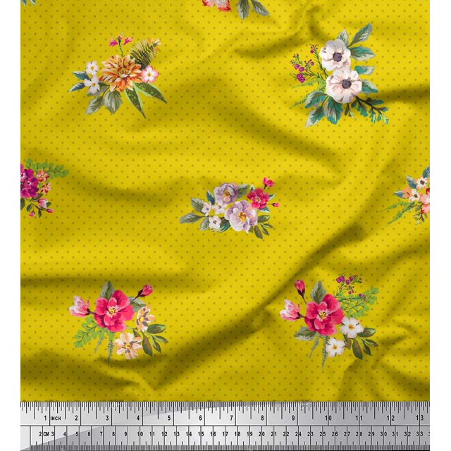 Soimoi Yellow polyester Crepe Fabric Dot & Peony Floral Print Sewing Fabric Yard 52 Inch Wide