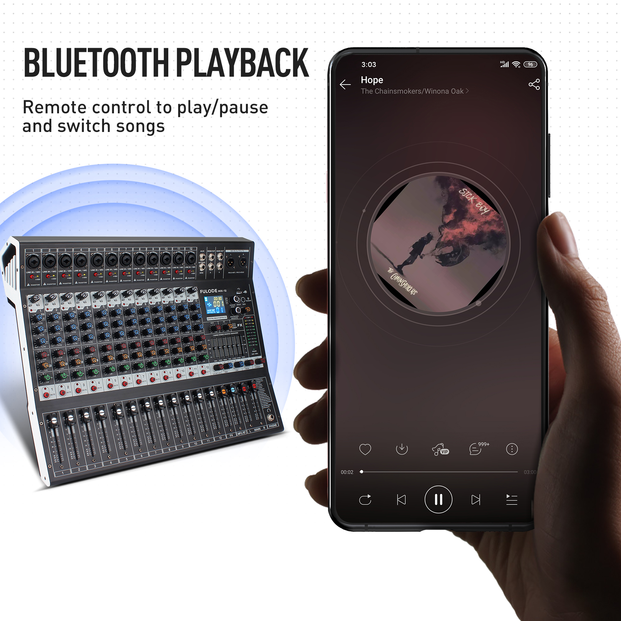 FULODE 12-Channel Bluetooth Studio Audio Mixer 99 Bit DSP Digital Processor w/ USB MP3 for PC Recording Input, RCA, XLR Microphone Jack, 48V Power, For Professional and Beginners DJ Mixer