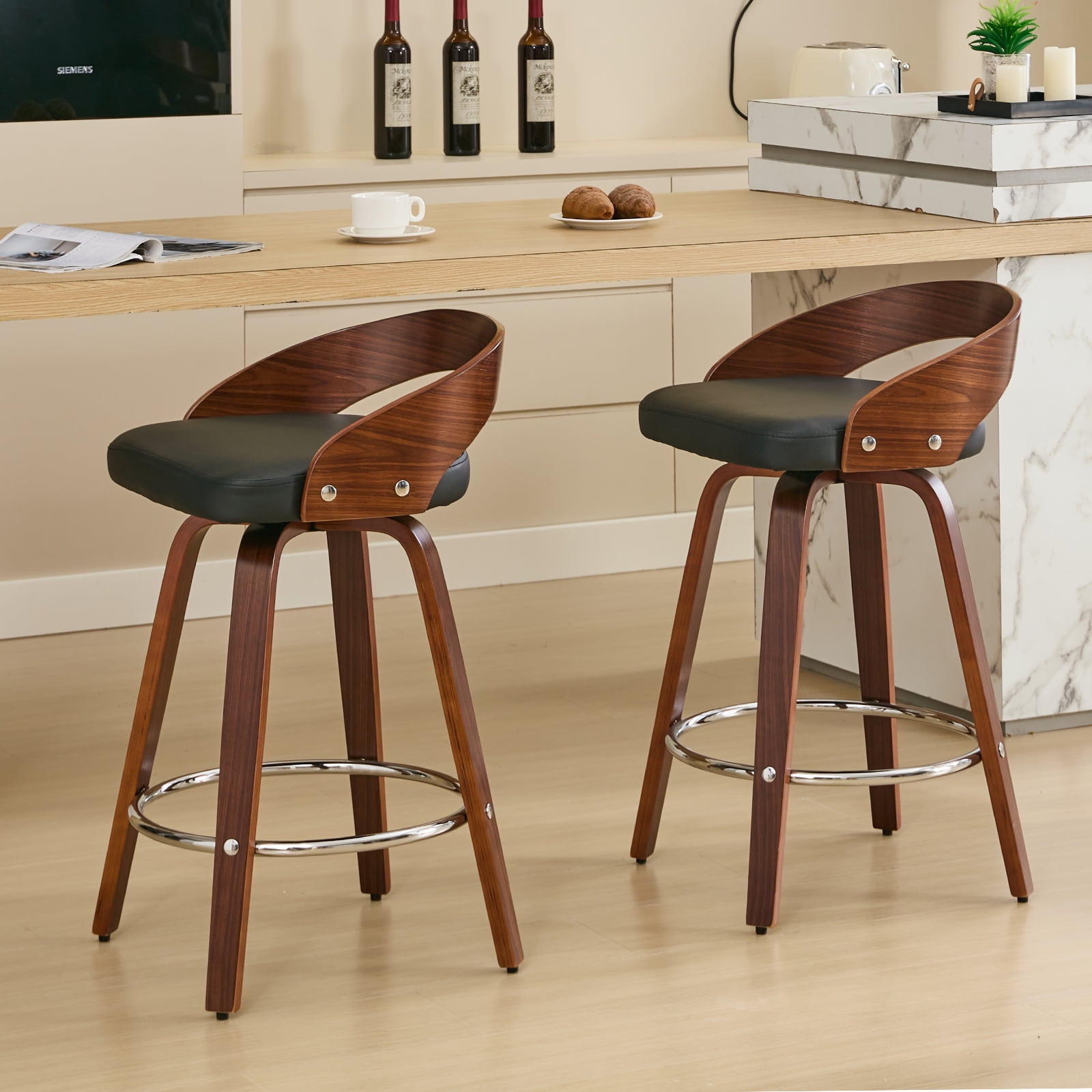 25" Counter Height Bar Stools Set of 4, Wood & PU Leather Counter Stools, Modern Swivel Bar Stools for Kitchen Counter Island, Barstool Chairs, Sillas Para Barra de Cocina (Black, 4 Pcs)