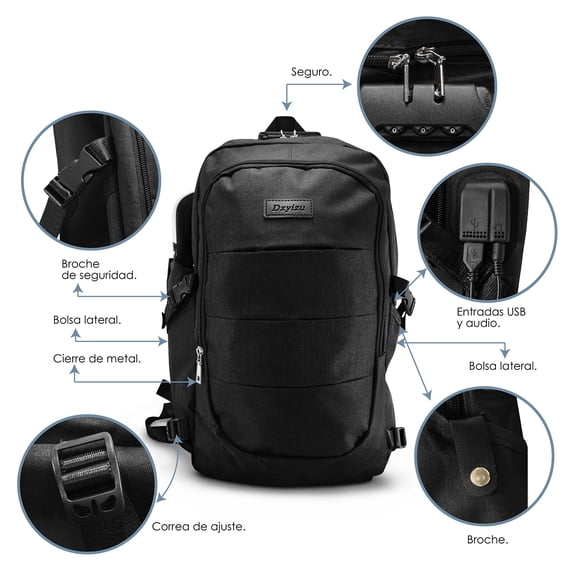 Mochila Antirobo Impermeable Puerto Usb Para Laptop ,Color Negro