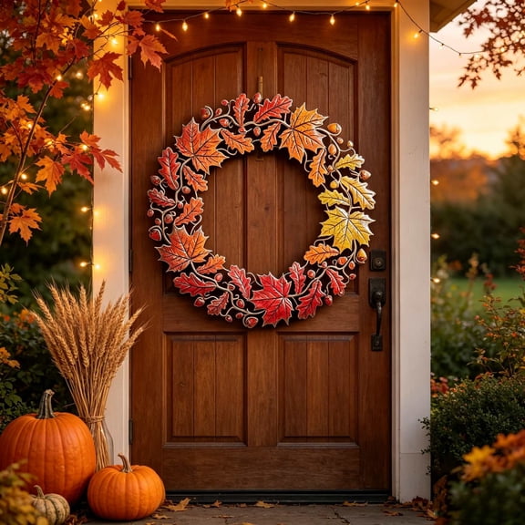 AMARHH Metal Maple Leaf Wreath, 12 Inch 3D Pattern Autumn Maple Leaves with Acorns, Door Hanger Welcome Sign for Porch Wall Home Outdoor Decoration Fall, Halloween, and Thanksgiving