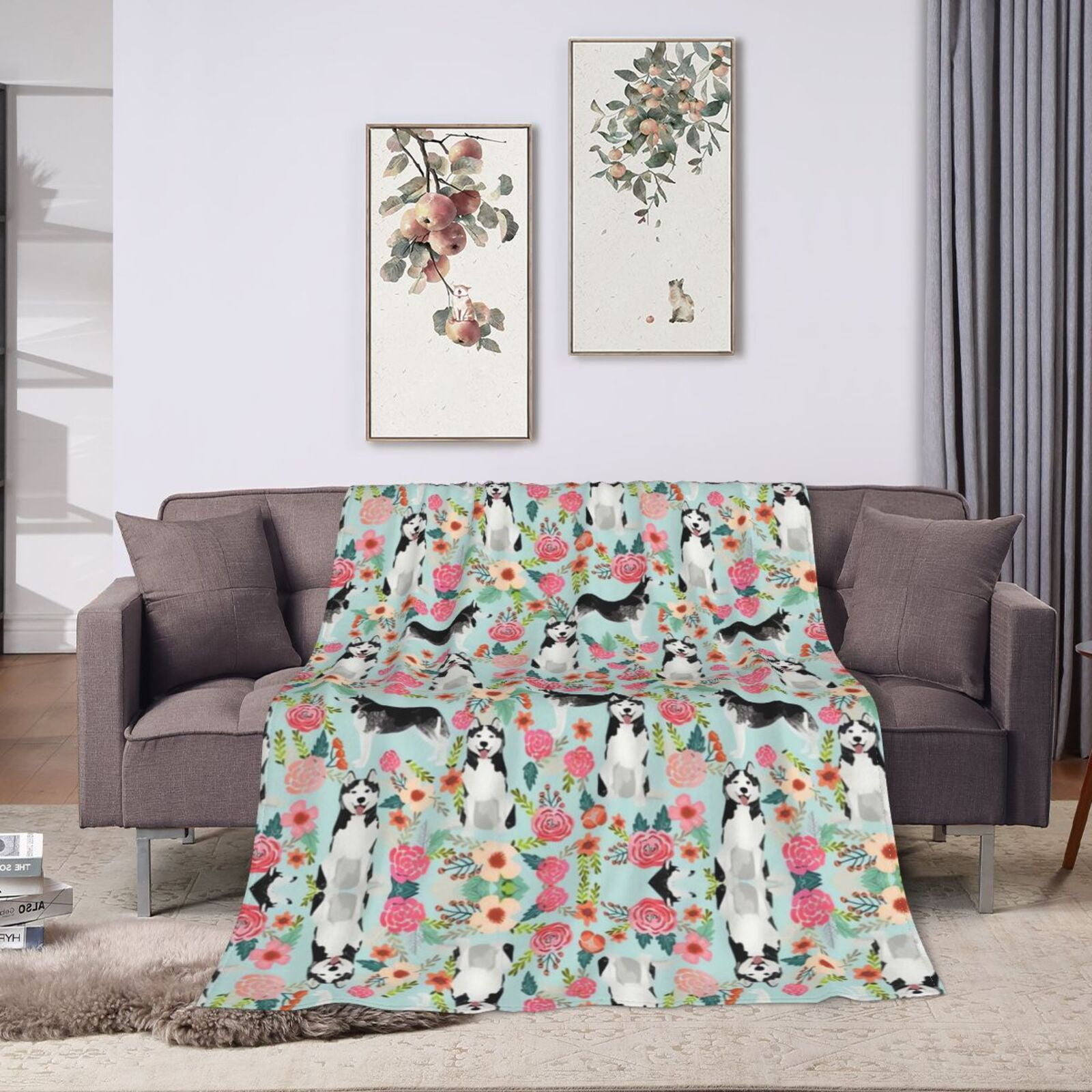 Wijzvio Husky Dogs Puppy Flower Floral Throw Blanket Soft Fuzzy Fleece Blanket For Couch Bed Living Room Decoration 50"X40"