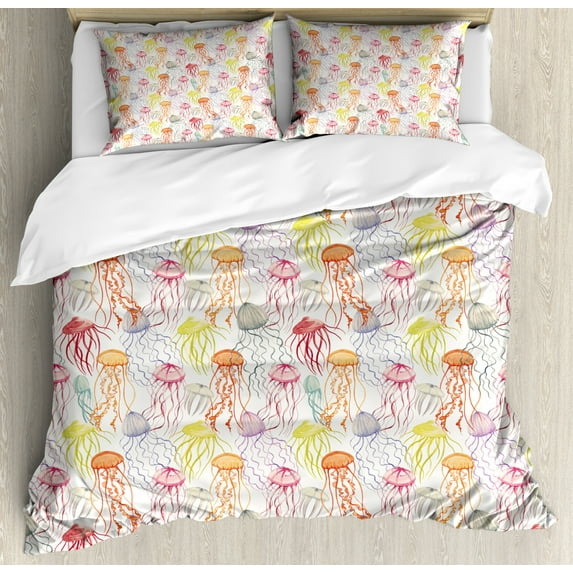 Aqua Jellyfish Duvet Cover Set King Size, Repetitive and Continuing Underwater Elements on a Plain Background, Decorative 3 Piece Bedding Set with 2 Pillow Shams, Multicolor, by Ambesonne