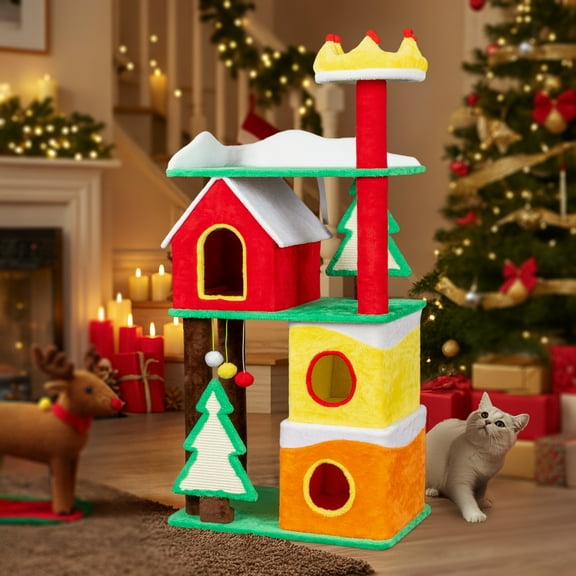 Ktaxon 56in Christmas Themed Cat Tree, Multi-Level Tower with Condos, Crown Perch & Sisal Scratching Posts, Plush Activity Center for Indoor Cats