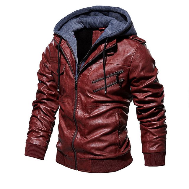Chaqueta de cuero para hombre, chaqueta de cuero PU fina con capucha de dos piezas para otoño e invierno, estilo europeo y americano