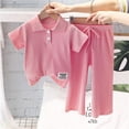 thumbnail image 2 of Ruyang Kids Girls Knit 2 Piece Set Short Sleeve Button Down Shirt + Drawstring Pants Toddler Cotton Loungewear Ribbed Knit Set, 2 of 9