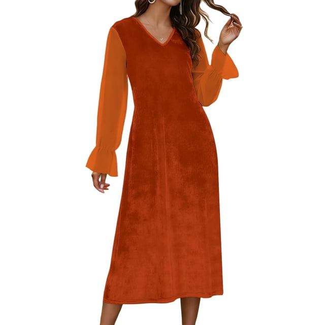 Robe Patchwork pour Femmes à Col en V en Velours et Chiffon Longueur Genou Sans Manches