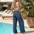 thumbnail image 4 of Siminsem Women's Cotton Linen Wide Leg Pants Elastic Waist Casual Trousers with Pockets Adjustable Drawstring Loose Fit Palazzo Summer Beach Lounge Vacation Outfits, Navy, L, 4 of 8