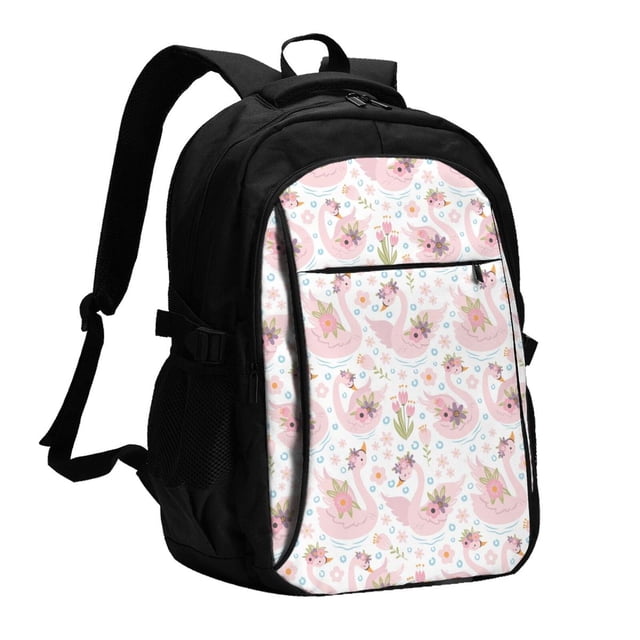 Balery Swan And Flowers Mochila con carga USB para hombre y mujer - Mochila impermeable y antirrobo para laptop con puerto USB para viajes, trabajo