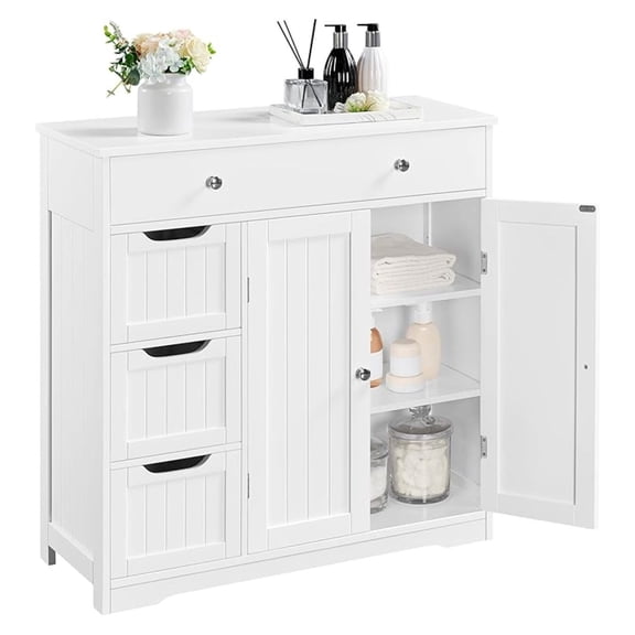 SONGMY Bathroom Free-Standing Floor Cabinet, Practical Storage Cabinet with 4 Drawers and 2 Doors for Kitchen, Entrance Area, Living Room, Adjustable Shelves, Ample Space White