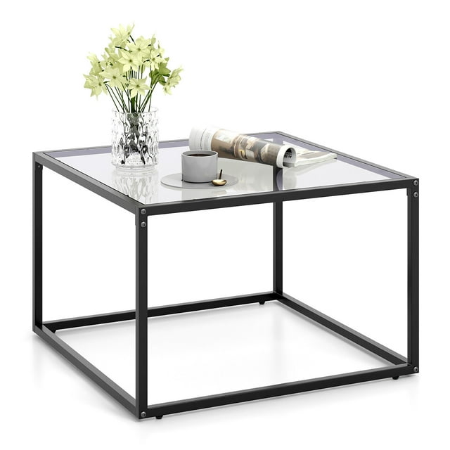 Gymax Glass Coffee Table 27.5 Inch Modern Square Metal Frame Living Room Transparent & Grey