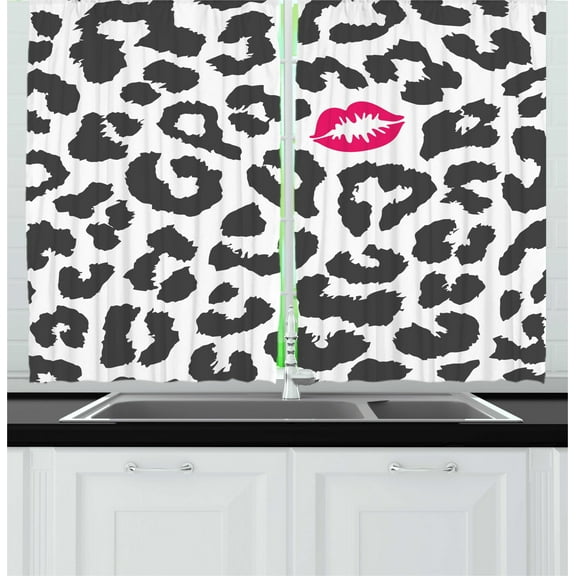 Ambesonne Savannah Kitchen Curtains, Cheetah Leopard Kiss Print, 55"x45", Charcoal Grey and Pink